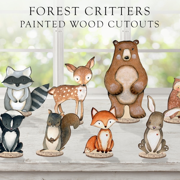 Forest Critters Set of 8 - Cute Animal Woodland Painted Wooden Cutout Baby Shower Gift Personalized Woodland Babies Art Creature PC-001