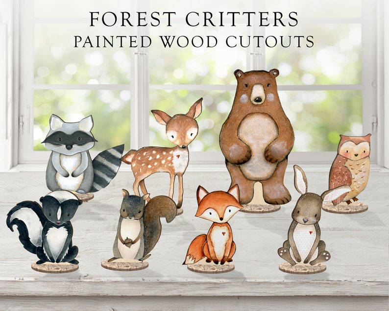 Forest Critters Set of 8 Cute Animal Woodland Painted Wooden Cutout Baby Shower Gift Personalized Woodland Babies Art Creature PC-001 image 1