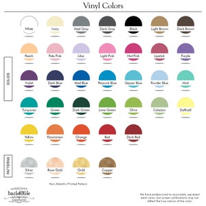 May include: A chart showing vinyl colors and patterns for crafting. The chart includes solid colors like white, ivory, peach, pale pink, lilac, light pink, hot pink, lipstick, purple, violet, dark blue, medium blue, peacock blue, geyser blue, powder blue, mint, turquoise, green, dark green, lime green, olive, celadon, daffodil, yellow, persimmon, orange, red, and dark red. The chart also includes patterns like silver, rose gold, gold, and copper.
