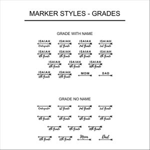 May include: Black and white graphic design showing different styles of name and grade labels with arrows. The labels include the text "ISAIAH", "Kindergarten", "1st Grade", "2nd Grade", "3rd Grade", "4th Grade", "5th Grade", "6th Grade", "7th Grade", "8th Grade", "9th Grade", "10th Grade", "11th Grade", "12th Grade", "MOM", and "DAD".