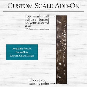 May include: A brown wooden growth chart with a white ruler and the name "Natalie" written in cursive. The chart is designed to be customized with a starting point and top mark. The text "Available for any Back40Life Growth Chart Design" is also included.