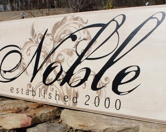 Family Name with Flourish and Date Wood Sign - The Noble (S-007) - Back40Life