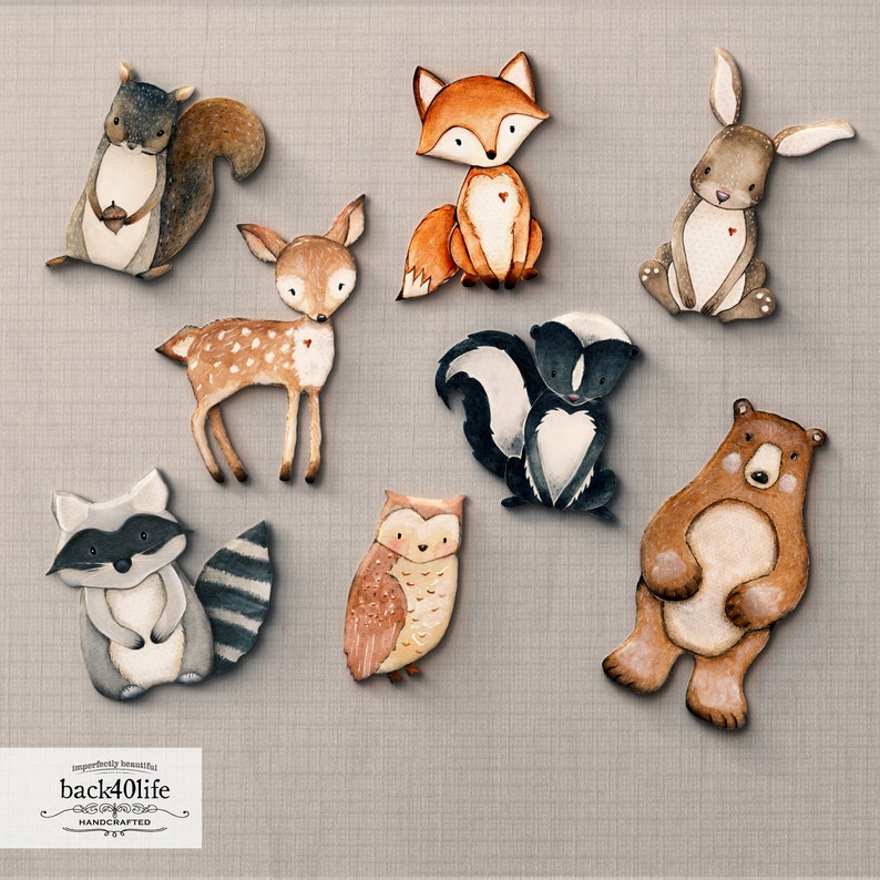 Forest Critters Set of 8 Cute Animal Woodland Painted Wooden Cutout Baby Shower Gift Personalized Woodland Babies Art Creature PC-001 image 2