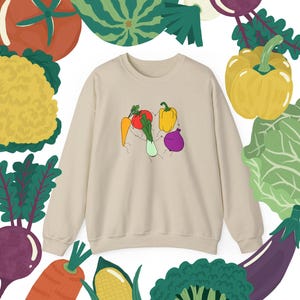 Sweat-shirt ras du cou végétarien cercle dansant, cadeau végétalien amusant, pull de légumes de dessin animé, parfait pour les gourmands, printemps et été