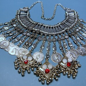 UNIQUE rare large ETNIC BOHO vintage 1960s Ottoman-style handmade ornamented silvercolor metal pendants necklace choker