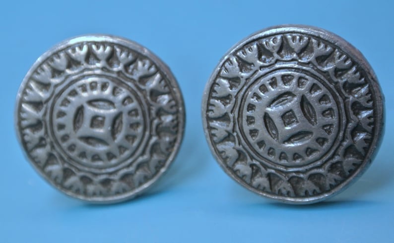 Pair of vintage 1960s round signed SV.T.JW design pewter cufflinks with abstract pattern