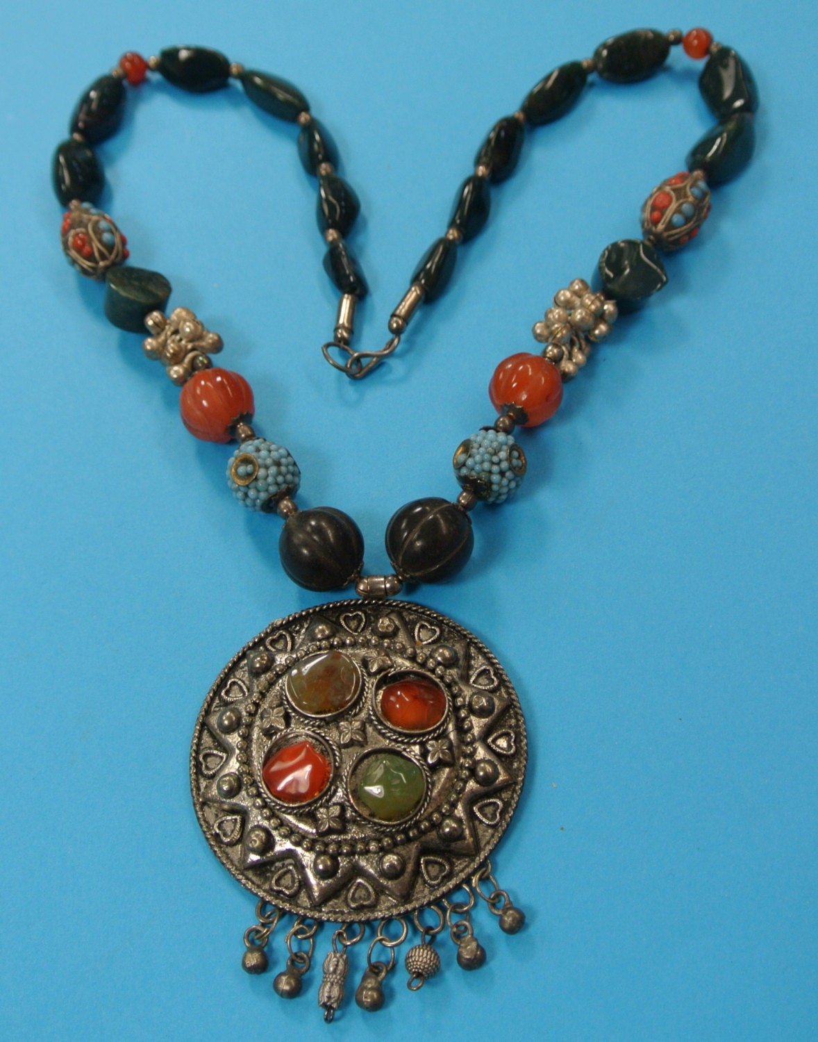 Rare outstanding vintage 1970s ETNIC TRIBAL BOHO India handmade ornament pendant necklace with metal, bone and gemstone beads