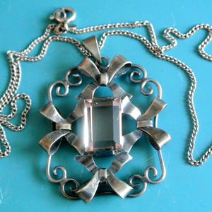 Vintage Swedish Sterling Silver Rosette Pendant Necklace: Light Pink Stone, 1948