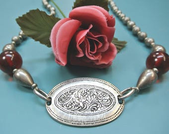 Vintage 1960s Pewter Choker Necklace: Red Bakelite Beads, Oval Pendant