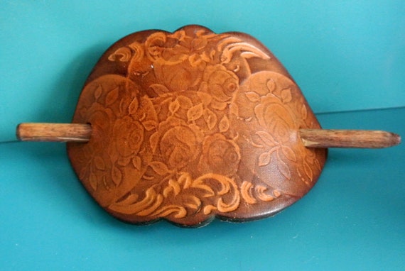 Vintage 1960s Swedish Leather Barrette: Handmade Rose Hair  display picture 1