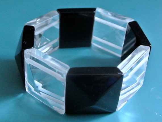 Wide vintage 1970s unused faceted black and clear… - image 1