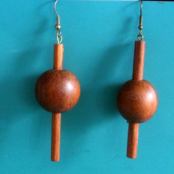 RARE Vintage 1970s unused earhangings earrings with goldcolor metal earhooks, teak wood ball beads and stick