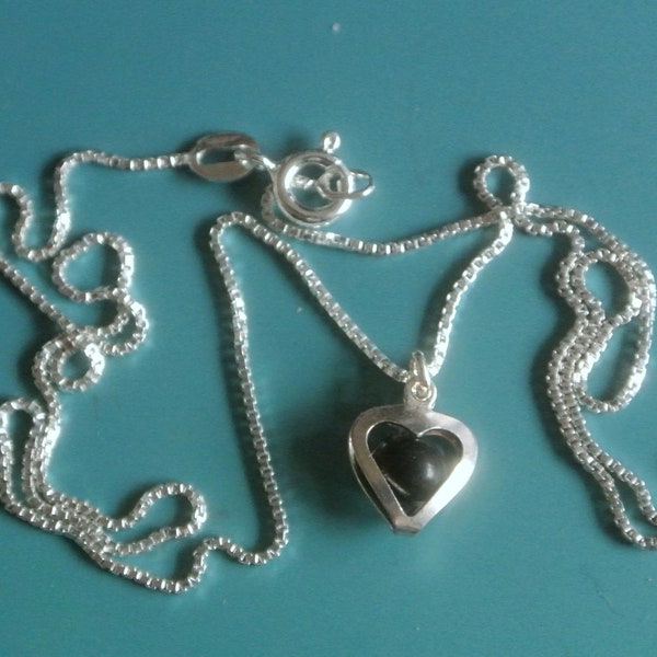 Swedish vintage 1990s unused stamped 925 silver small heart charm pendant chain necklace with black bead inside heart