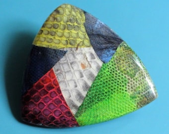 Lovely vintage 1970s handcrafted triangular patchwork dyed eel skin brooch designed by worldknown hawaiian designer/artist Lee Sands