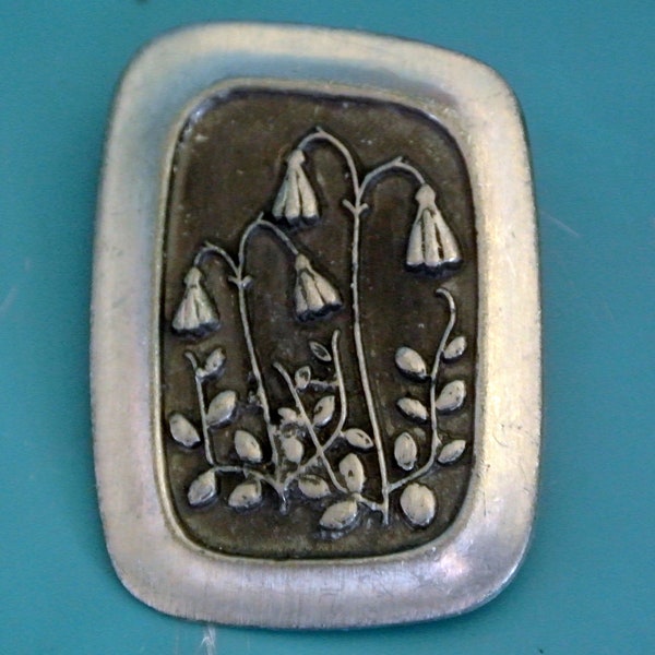 Signed vintage 1950s swedish handcrafted signed irregular pewter brooch with linea landscape flower motive, marked R Tenn Sweden