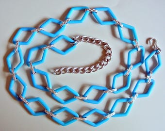 Chain Belt, Beaded With Blue, White, Clear Art Glass Beads 