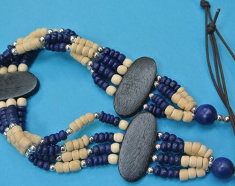 Handmade vintage 1970s unused blue/ bone white 4-rows natural organic coconut wood bead necklace with made in the philliphines