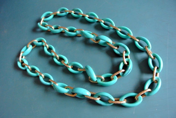 Long Vintage 1980s Unused Turquoise Green Plastic/ Goldcolor Metal