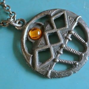 Vintage 1960s Finland finnish handcrafted round Juhani Vuorisalmi design pewter pendant necklace with abstract motive/ yellow glass cabochon
