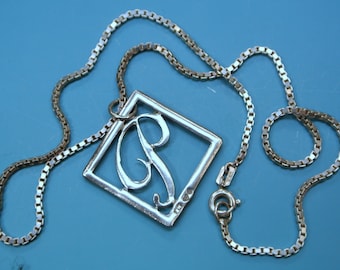 Sweden vintage 1950s small handmade stamped RW 3 crowns S silver square P-letter pendant necklace w short stamped 835 sterling silver chain