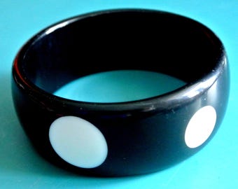 Vintage 1960s Black Resin Bangle: White Polka Dot Bracelet