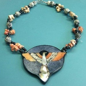 Vintage Lee Sands Thunderbird Necklace: Mother of Pearl, Coral, Marble Inlay