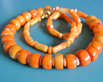 RARE handcrafted vintage 1970s unused real natural organic orangeyellow coral necklace with bone bead spacer and goldcolor spring ring clasp