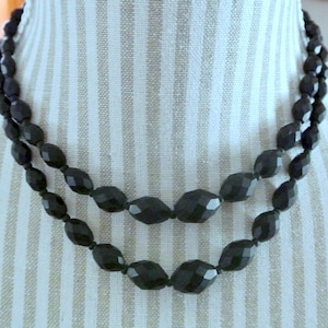 Vintage 1940s handworked 2-stranded graduated grinded jet black natural organic charcoal bead mourning necklace with oval beads