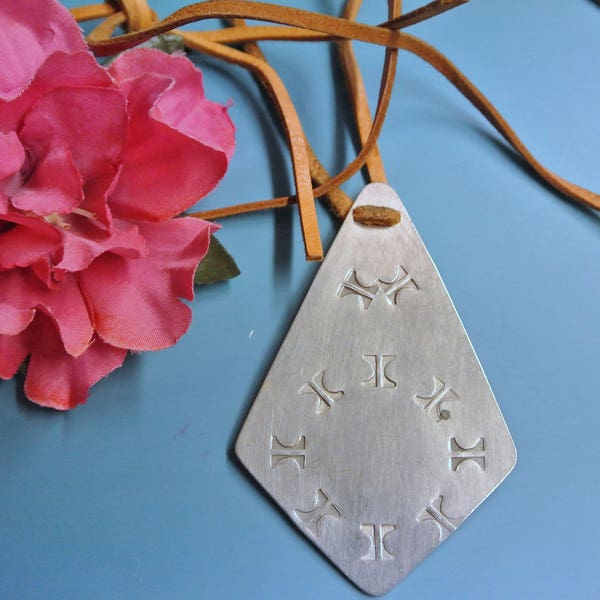 Rare Swedish Sami Lappland unusual signed vintage 1980s handcrafted irregular pewter pendant necklace with abstract motive