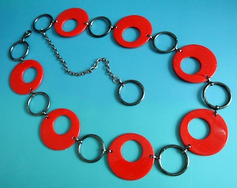 TIMETYPICAL collectible vintage 1980s unused adjustable translucent clearred link chain plastic/ silvercolor metal belt/ necklace