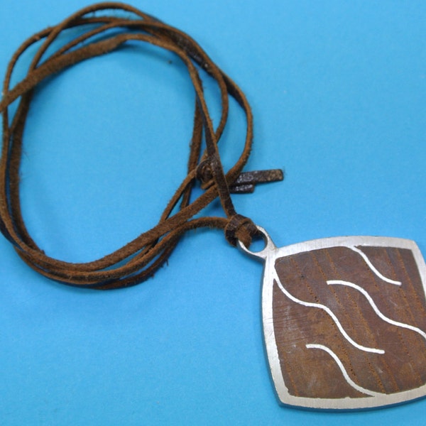 Rare signed vintage 1960s Swedish handcrafted square metal pendant necklace with abstract motive and teak wood inlays