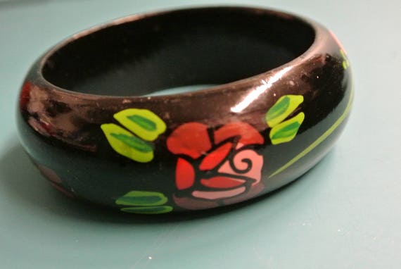 Handmade vintage 1980s black wood bangle bracelet… - image 1