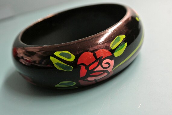 Handmade vintage 1980s black wood bangle bracelet… - image 3