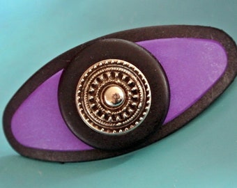 Vintage 1990s oval black/ purple plastic hairclip barette with goldcolor ornament metal centerpiece