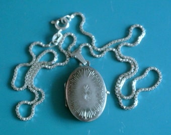 Vintage 1950s handmade stamped 835 K&L silver oval ornament photo locker pendant necklace with stamped 925 AXC silver chain