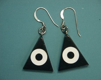 Unusual earrings with stamped silver earhooks and triangular genuin vintage overdyed black/white bakelite beads from the 1960s op & pop era
