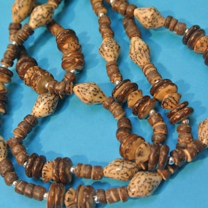 Beautiful handcrafted vintage 1970s 3-stranded natural organic brown coconut wood/ betelnut bead necklace