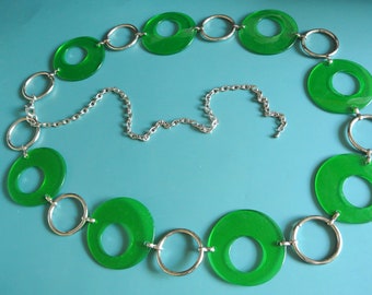 TIMETYPICAL collectible vintage 1980s unused adjustable translucent grassgreen link chain plastic/ silvercolor metal belt/ necklace