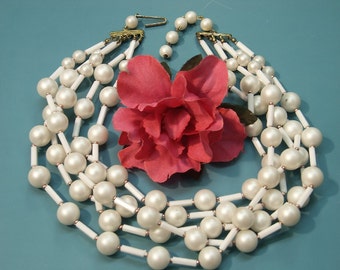 Lovely unused vintage 1950s 5-stranded white plastic necklace choker of glowing faux mop plastic beads