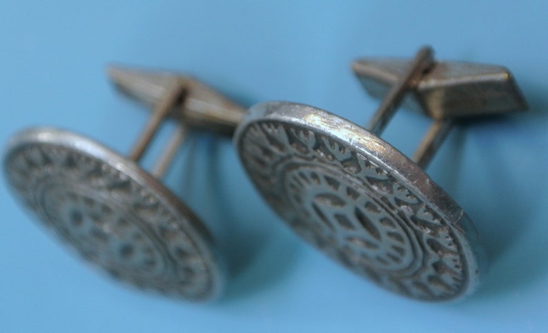 Pair of vintage 1960s round signed SV.T.JW design pewter cufflinks with abstract pattern