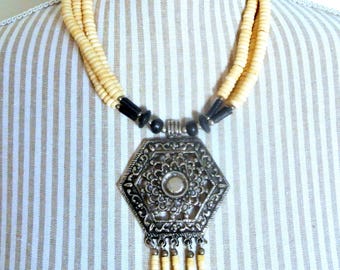 Vintage Tribal Bone Bead Necklace: Handmade Silvercolor Pendant