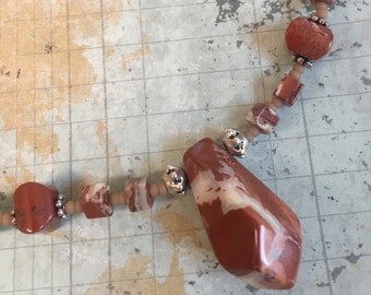 Brecciated Jasper Necklace 26-Inch Knotted Smooth Round 8 mm Natural Semi-Precious Gemstone Red Gray Rust Beads