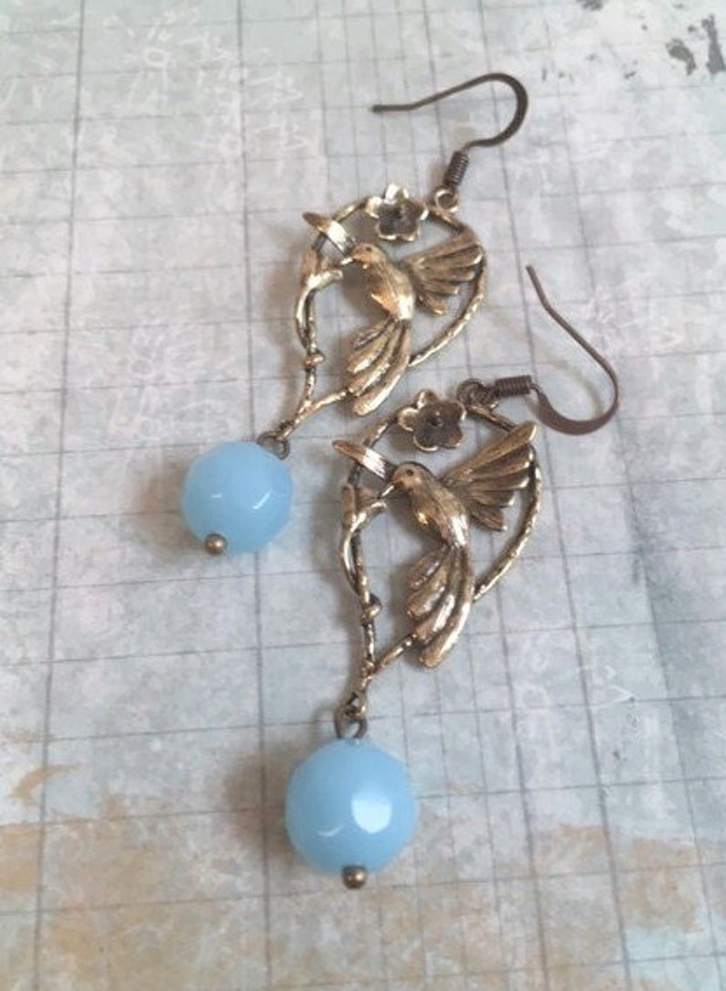 Baby Blue MOTHERS DAY SALE Vintage Look Hummingbird Earrings