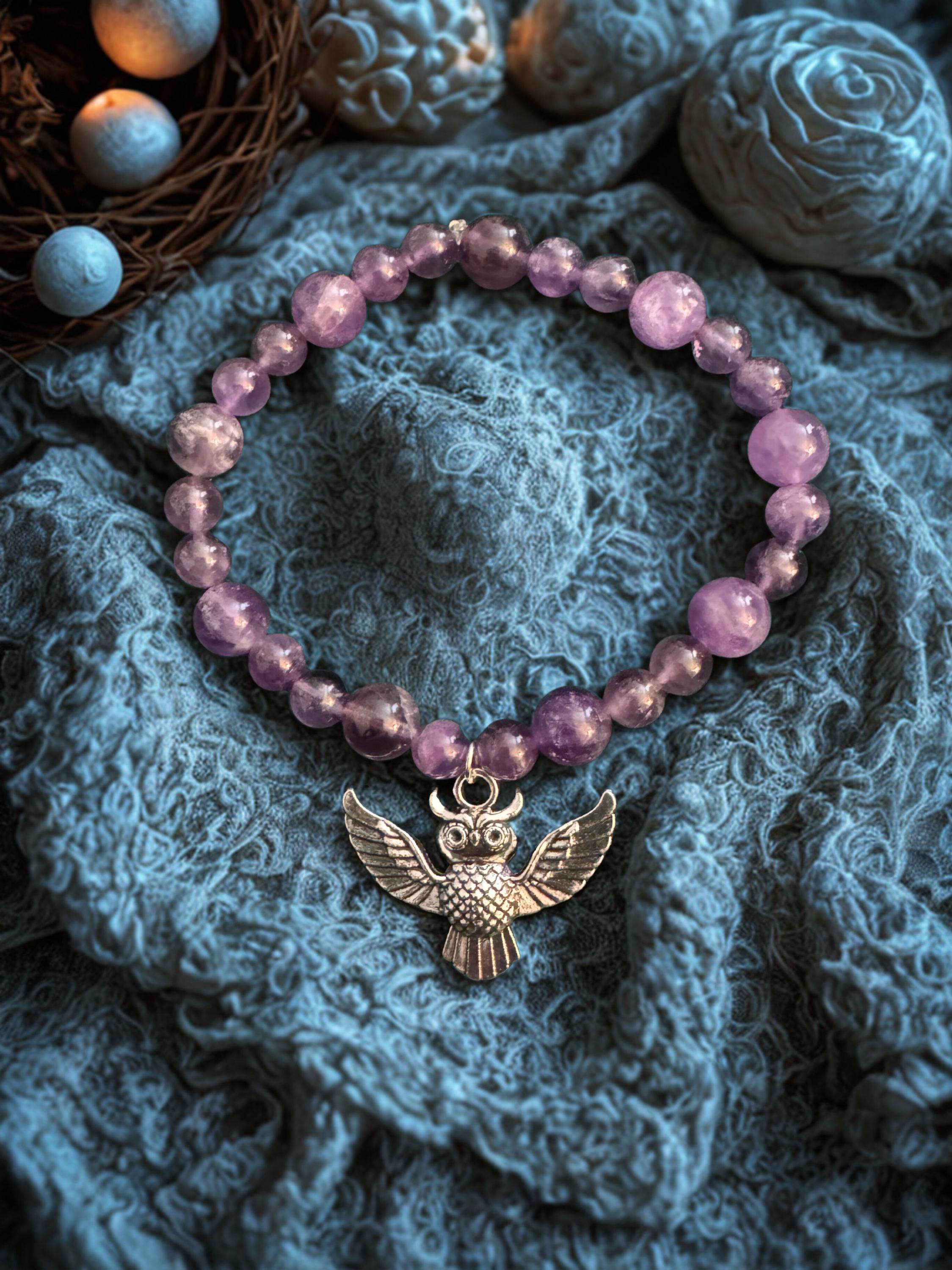 Amethyst Owl Charm Bracelet | Purple Crystal Stretch Bracelet | Two Size Beads | Spiritual Protectio
