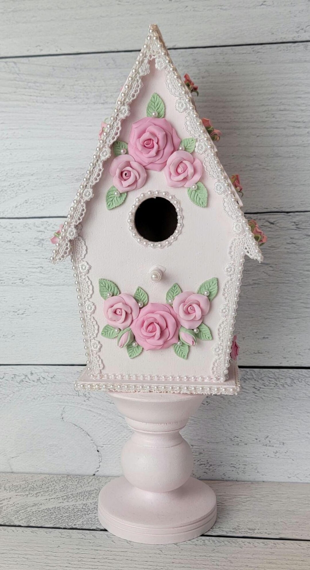 Pink Decorative Wood Birdhouse on Pedestal With Clay Roses Shabby ...