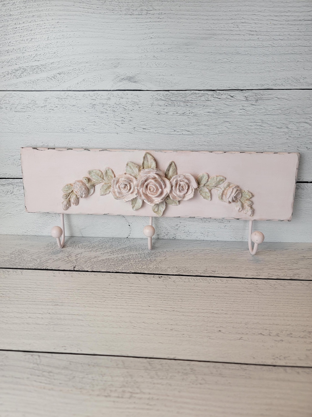 Red Rose Hook Rack Soft Pink Shabby Roses Wood 3 Hook Wall Mounted Rack, Cottage Chic, for ...