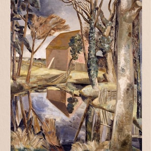 May include: An oil painting depicts a rural landscape with a barn reflected in a body of water. The artwork features a muted color palette of browns, greens, and blues, with trees framing the scene. The barn has a red roof and is surrounded by a wooden fence.