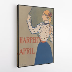Peut inclure: Affiche vintage encadrée représentant une femme en chemisier à pois blancs et jupe bleue, tenant un parapluie. L'affiche porte les mots "HARPER'S APRIL" en rouge. L'œuvre est dans un cadre noir.