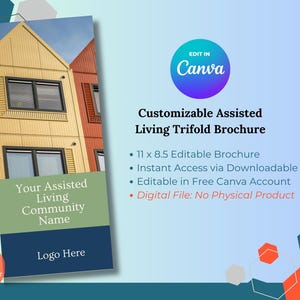Plantilla de folleto para residencias asistidas: Marketing personalizable para atención a personas mayores (Canva editable, tríptico, descarga digital)