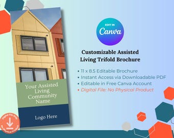 Brochuresjabloon begeleid wonen: aanpasbare marketing voor ouderenzorg (bewerkbaar op canvas, drievoudig, digitale download)